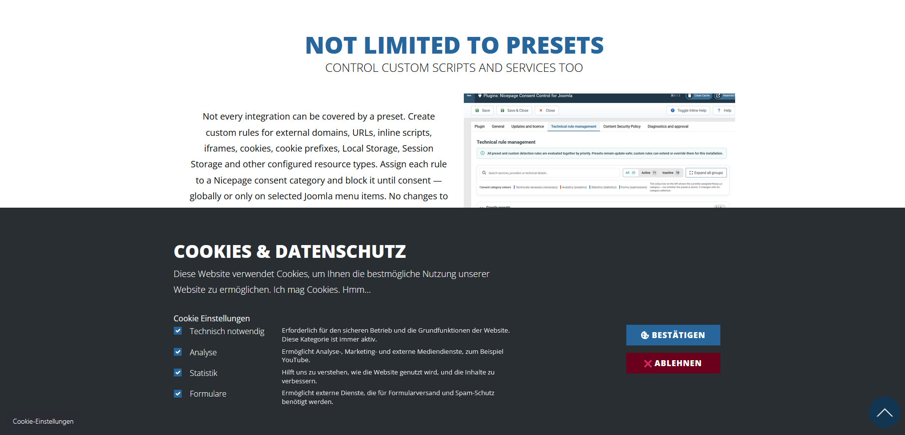 Cookie and consent banner with descriptions